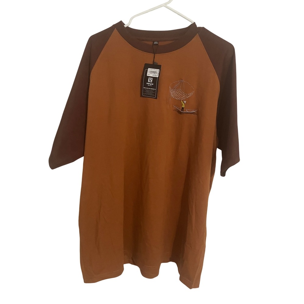 NWT Vietnamese XXL Men's Graphic Raglan T Shirt Rust/Brown with Embroidery